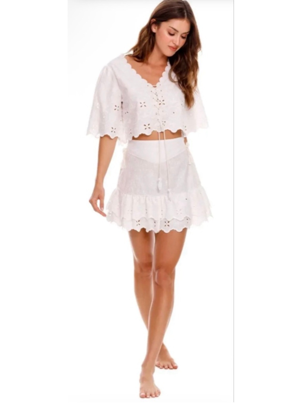 Agua Bendita White Eyelet Crop Top & Mini Skirt Set L $400